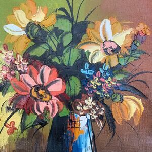 Vintage 1973 Jane Voight Oil On Canvas Painting Abstract Flower Vase Still Life